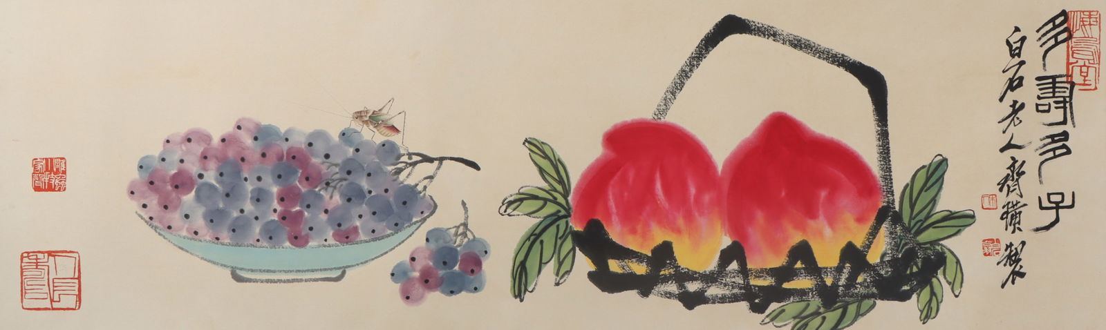 An Fabulous Chinese Ink Flower and Fruit By Paper: An Fabulous Chinese Ink Flower and Fruit By Paper Qi baishi Size:42.9inx13.4in齐白石多寿多子 纸本Size:109cmx34cm