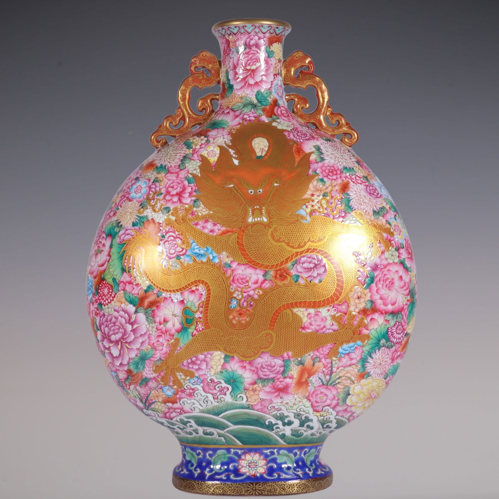 An Exquisite Famille-Rose Flower Pattern Seawater Pattern Dragon Pattern Double-Ears Vase (1 of 9)