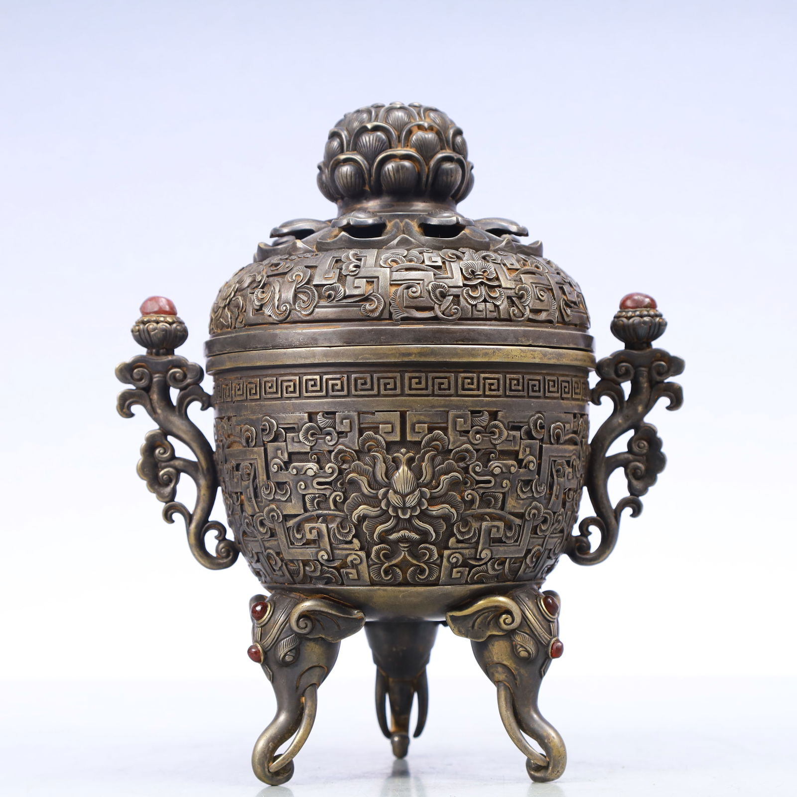A Exquisite Silver Inlaid Gems Lotus Pattern Double-Ears and Tripod Censer (1 of 9)
