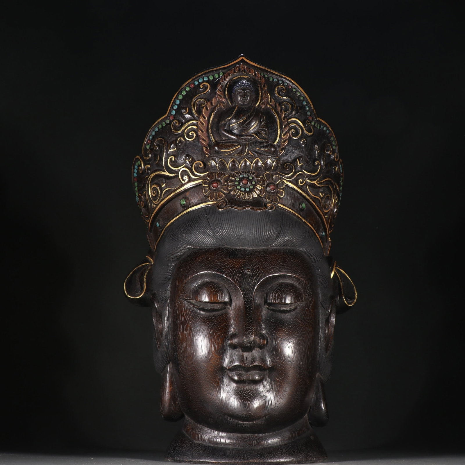 An Exquisite Eaglewood Inlaid Gems Painted Gold Buddha head Ornament (1 of 9)