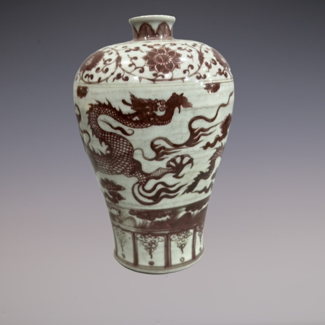 An Exquisite Blue and White Underglaze-Red Dragon Pattern Lotus Pattern Vase: An Exquisite Blue and White Underglaze-Red Dragon Pattern Lotus Pattern Vase Ming Dynasty, China Size:13.4in青花釉里红龙纹梅瓶 中国