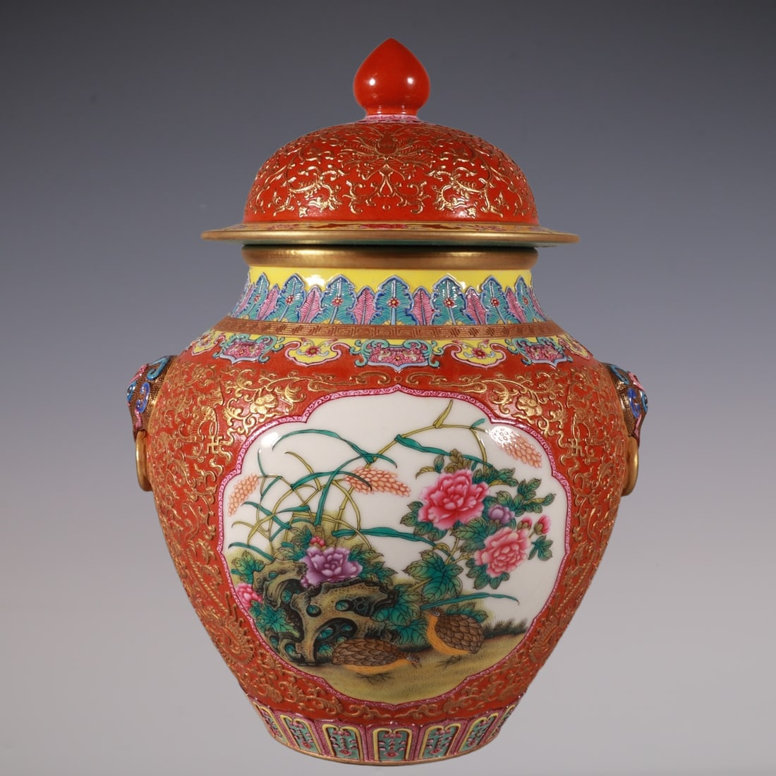 An Exquisite Enamel Iron-Red Painted Gold Lotus Pattern Flower and Bird Pattern Double-Ears Jar (1 of 8)