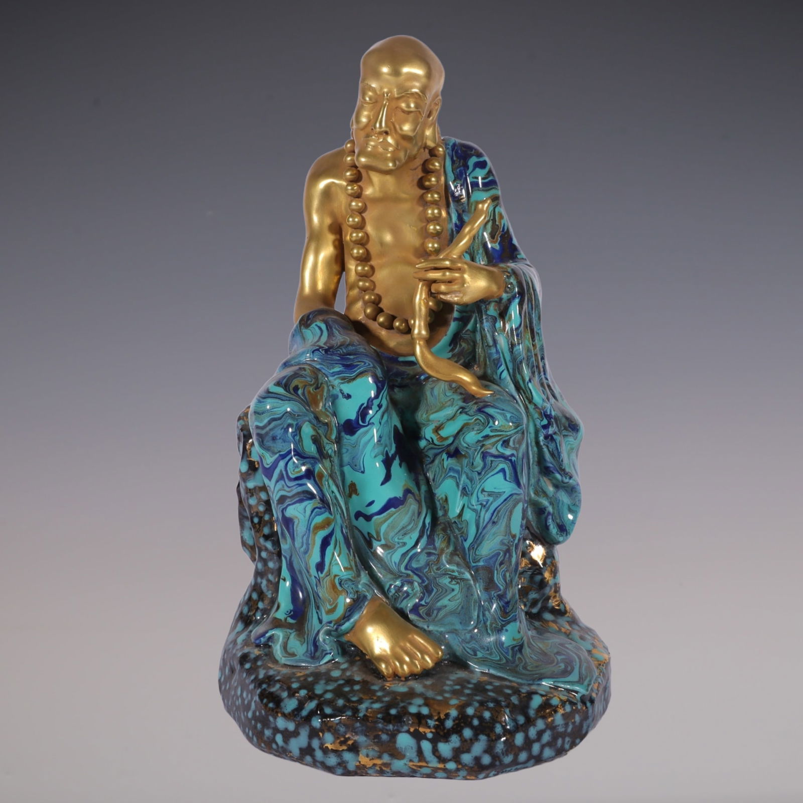 An Exquisite Robin's-Egg-Glazed Statue of Arhat: An Exquisite Robin's-Egg-Glazed Statue of Arhat Qing Dynasty, China Qianlong Six-character Mark Size:11inx5.9in炉钧釉堆金过江罗汉坐像