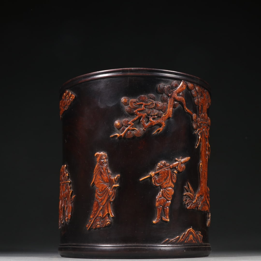An Exquisite Zitanwood Inlaid Boxwood Character and Story Pattern with poem Brush Pot (1 of 9)