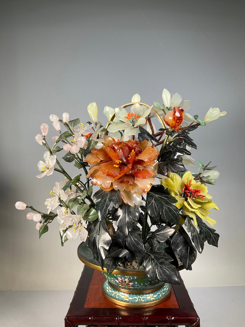 An Exquisite Cloisonne Inlaid Serpentine Jade Flower Pattern Bonsai (1 of 10)