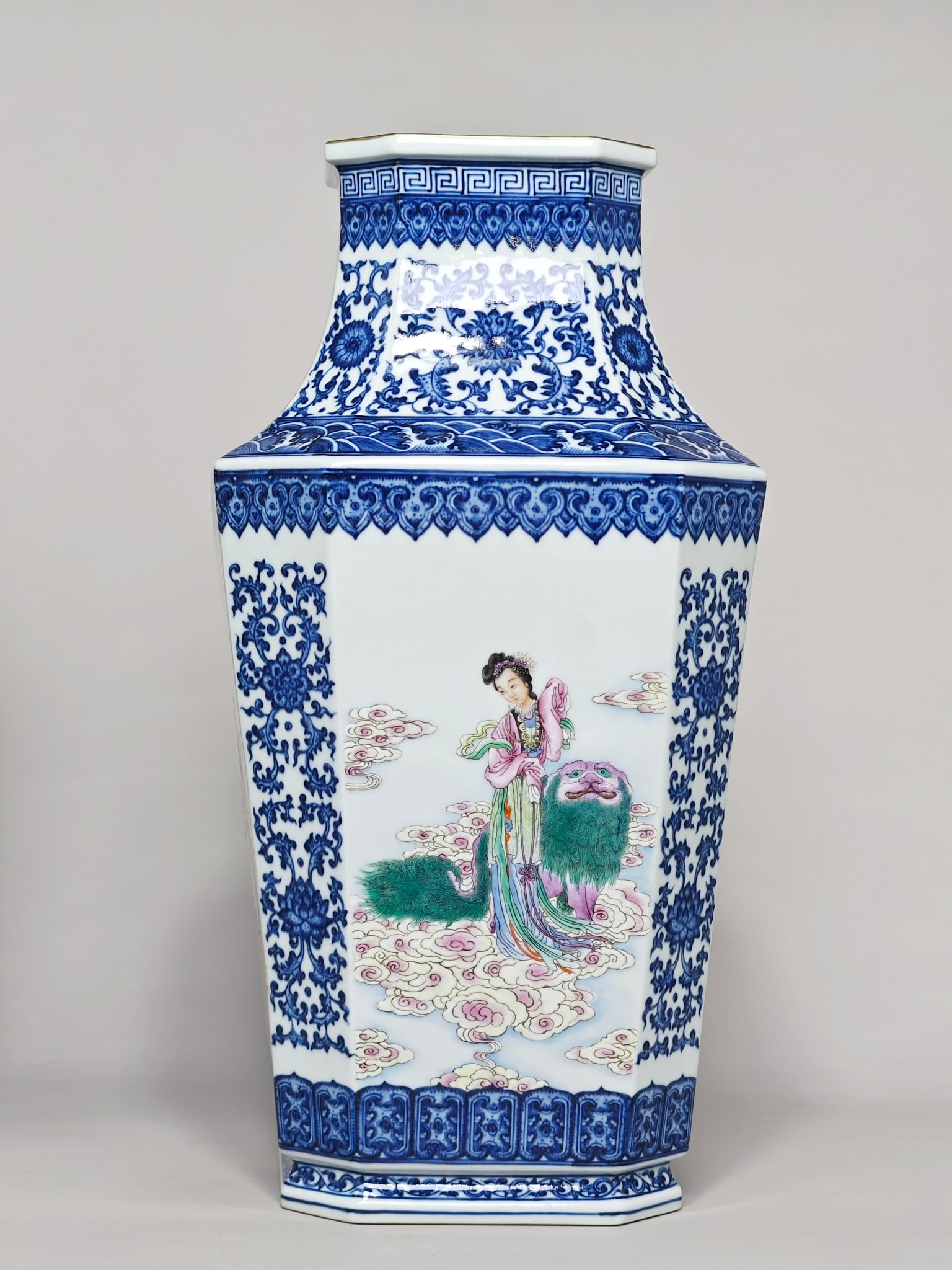 An Exquisite Famille-Rose Blue and White Lotus Pattern Seawater Pattern Character and Story Pattern: An Exquisite Famille-Rose Blue and White Lotus Pattern Seawater Pattern Character and Story Pattern Vase Qing Dynasty, China Qianlong Six-character Mark Size:19.5inx9.8in青花缠ੜ
