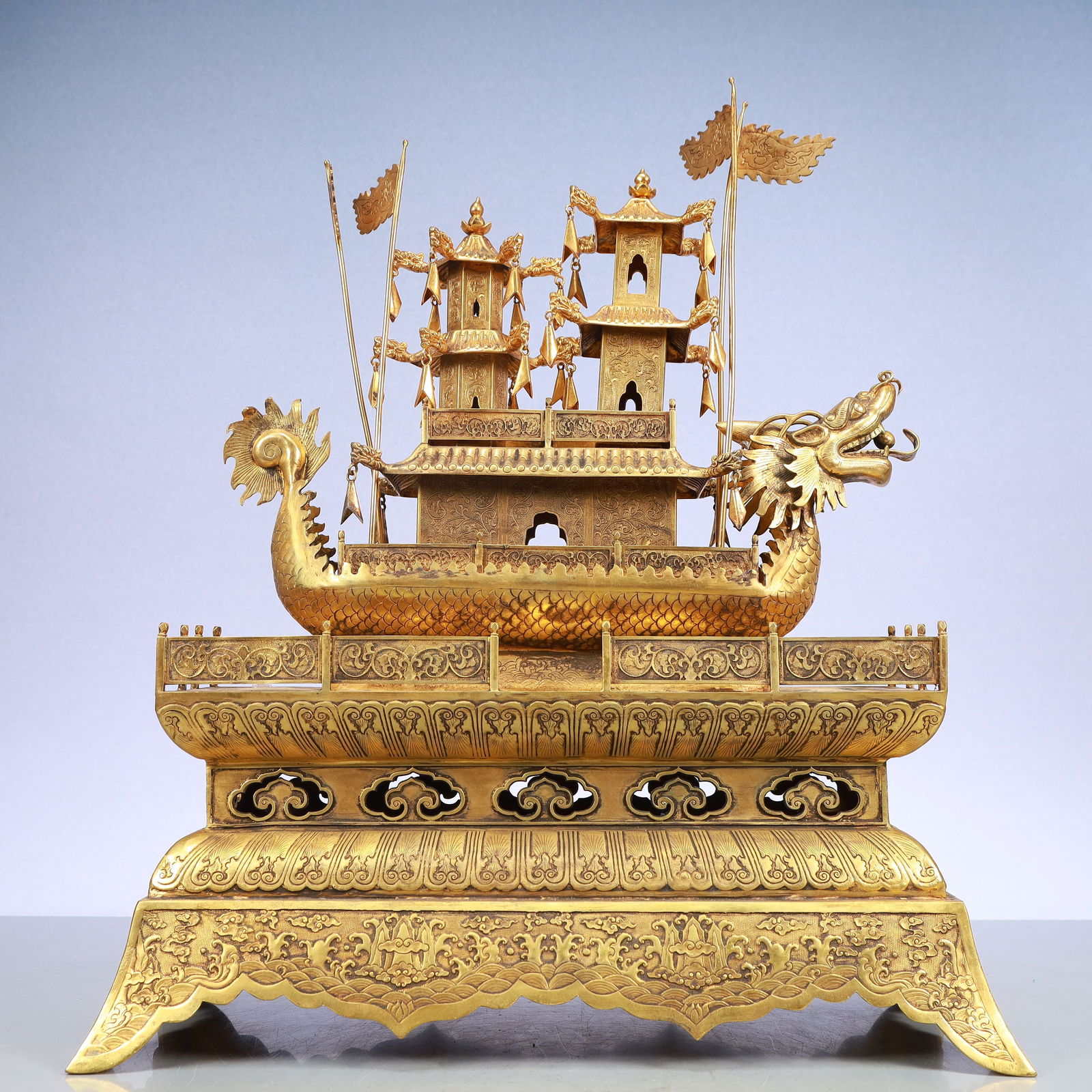 A Exquisite Gilt Bronze Seawater Pattern Lotus Pattern with poem Boat Ornament (1 of 8)