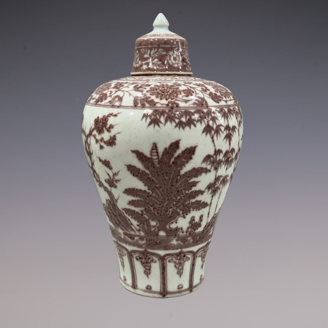 An Exquisite Blue and White Underglaze-Red Pine, Bamboo and Plum Blossom Pattern Lotus Pattern Vase: An Exquisite Blue and White Underglaze-Red Pine, Bamboo and Plum Blossom Pattern Lotus Pattern Vase Ming Dynasty, China Size:40.cm青花釉里红松竹梅ੳ