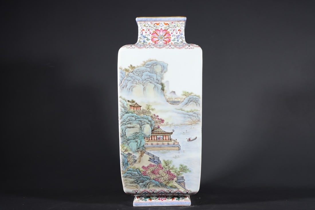 An Exquisite Famille-Rose Lotus Pattern Landscape Pattern Vase: An Exquisite Famille-Rose Lotus Pattern Landscape Pattern Vase Qing Dynasty, China Qianlong Six-character Mark