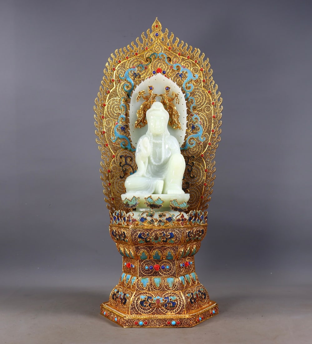 An Exquisite Gilt Bronze Inlaid White Jade Buddha Statue (1 of 9)