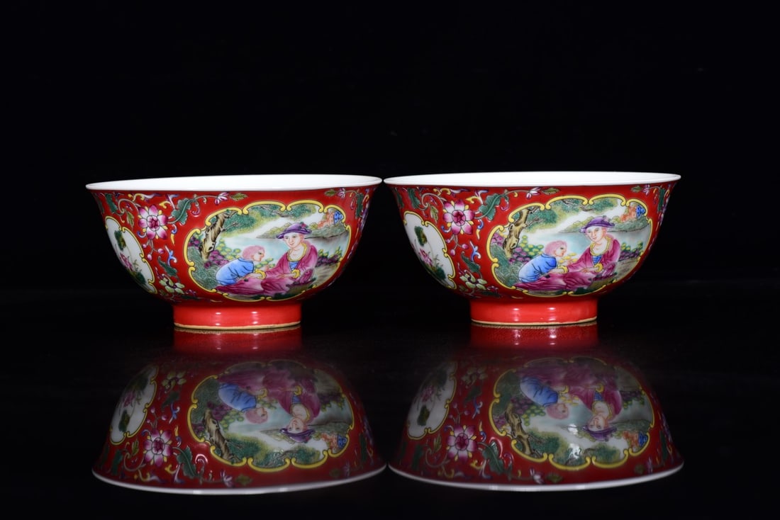 A Pair of Exquisite Red Ground Famille-Rose Flower and Figure Pattern Bowls: A Pair of Exquisite Red Ground Famille-Rose Flower and Figure Pattern Bowls,Qing Dynasty, China,Yongzheng Four-character Mark,Size:2.8inx2in 