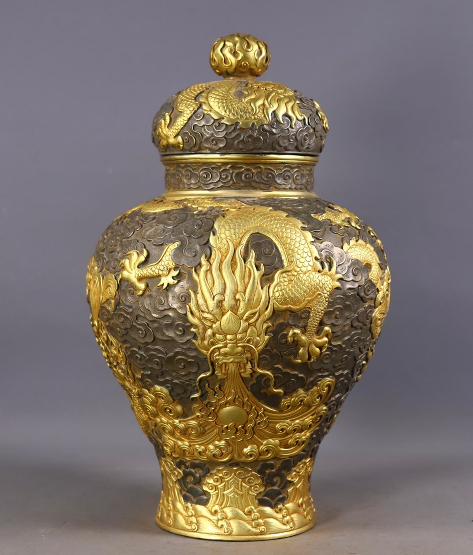 A Rare Gilt Bronze Auspicious Cloud and Dragon Pattern Cover Jar (1 of 9)