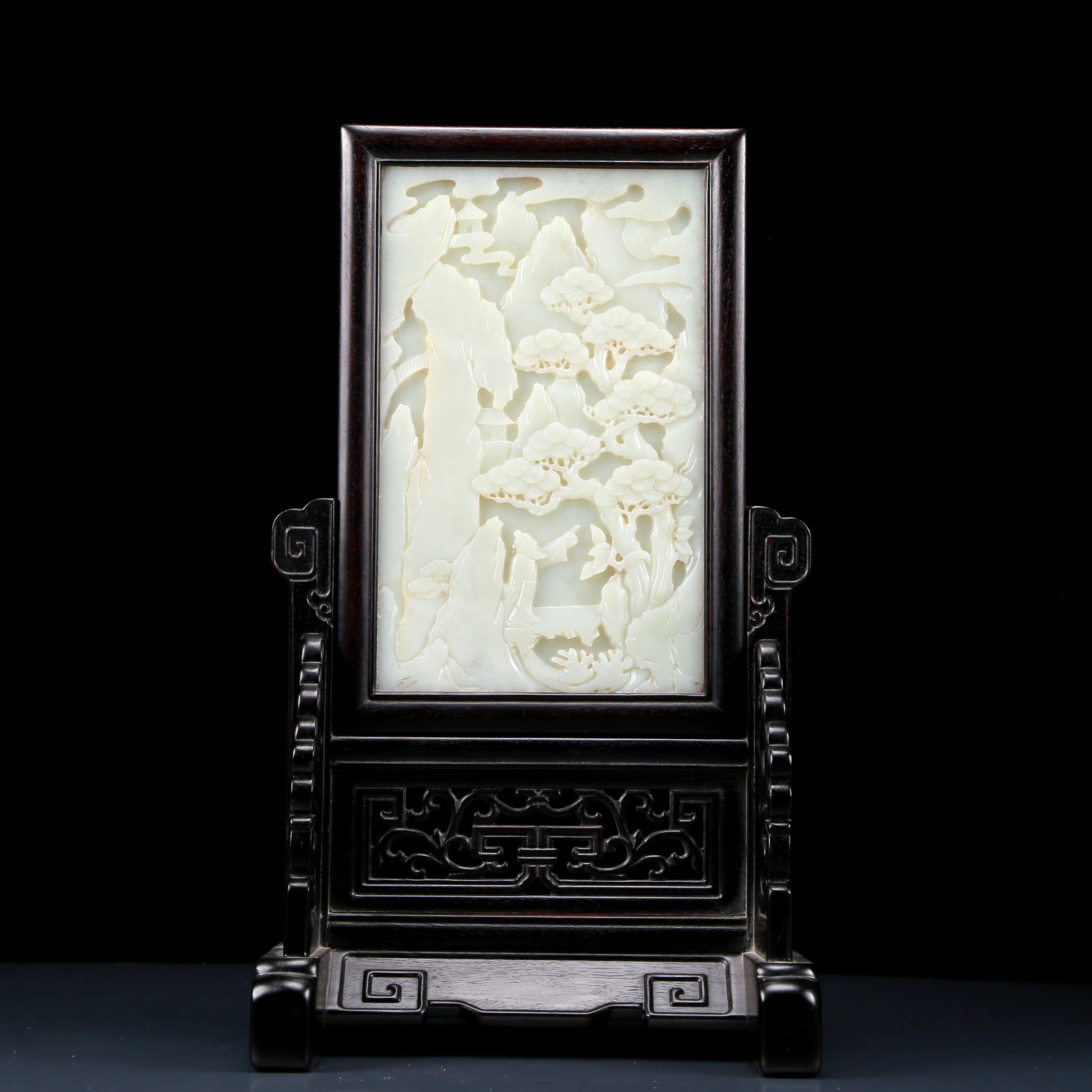 An Exquisite White Jade Landscape and Figure Pattern Table Screen,with Zitanwood Base (1 of 14)