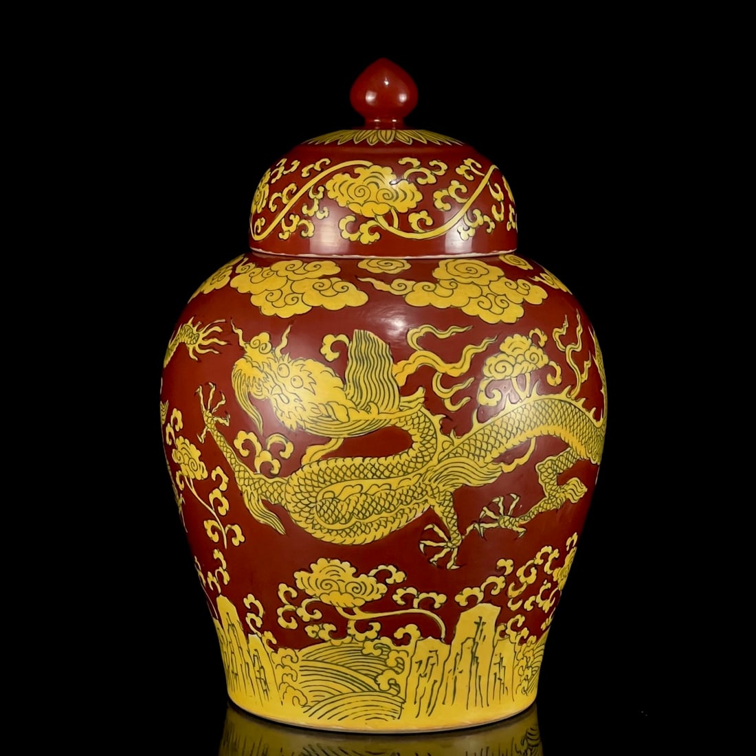 A Rare Red Ground Yellow Glazed Seawater,Auspicious Cloud and Dragon Pattern Cover Jar: A Rare Red Ground Yellow Glazed Seawater,Auspicious Cloud and Dragon Pattern Cover Jar,Ming Dynasty, China,Jiajing Six-character Mark,Size:11.8inx7.5in 红地黄釉海水
