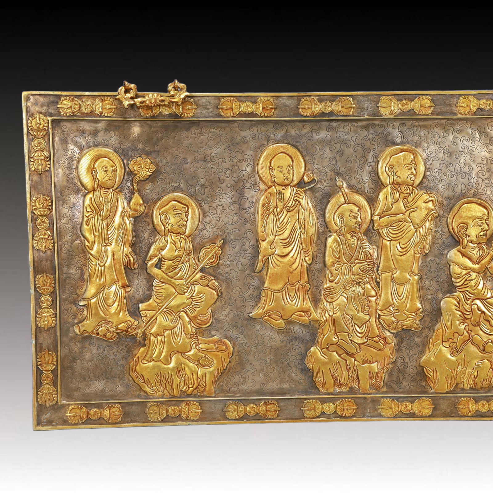 A Rare Gilt Silver Arhat Pattern Hanging Panel,With Scriptures - 2