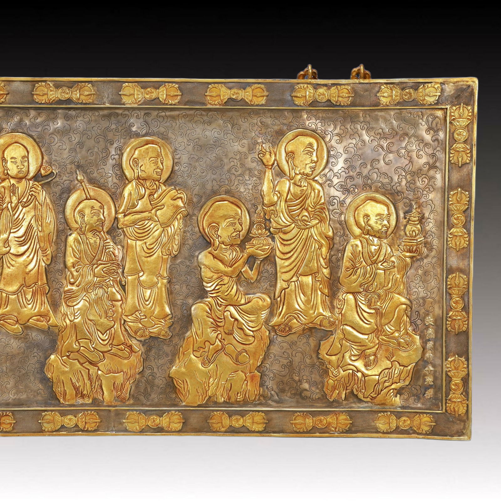 A Rare Gilt Silver Arhat Pattern Hanging Panel,With Scriptures - 3
