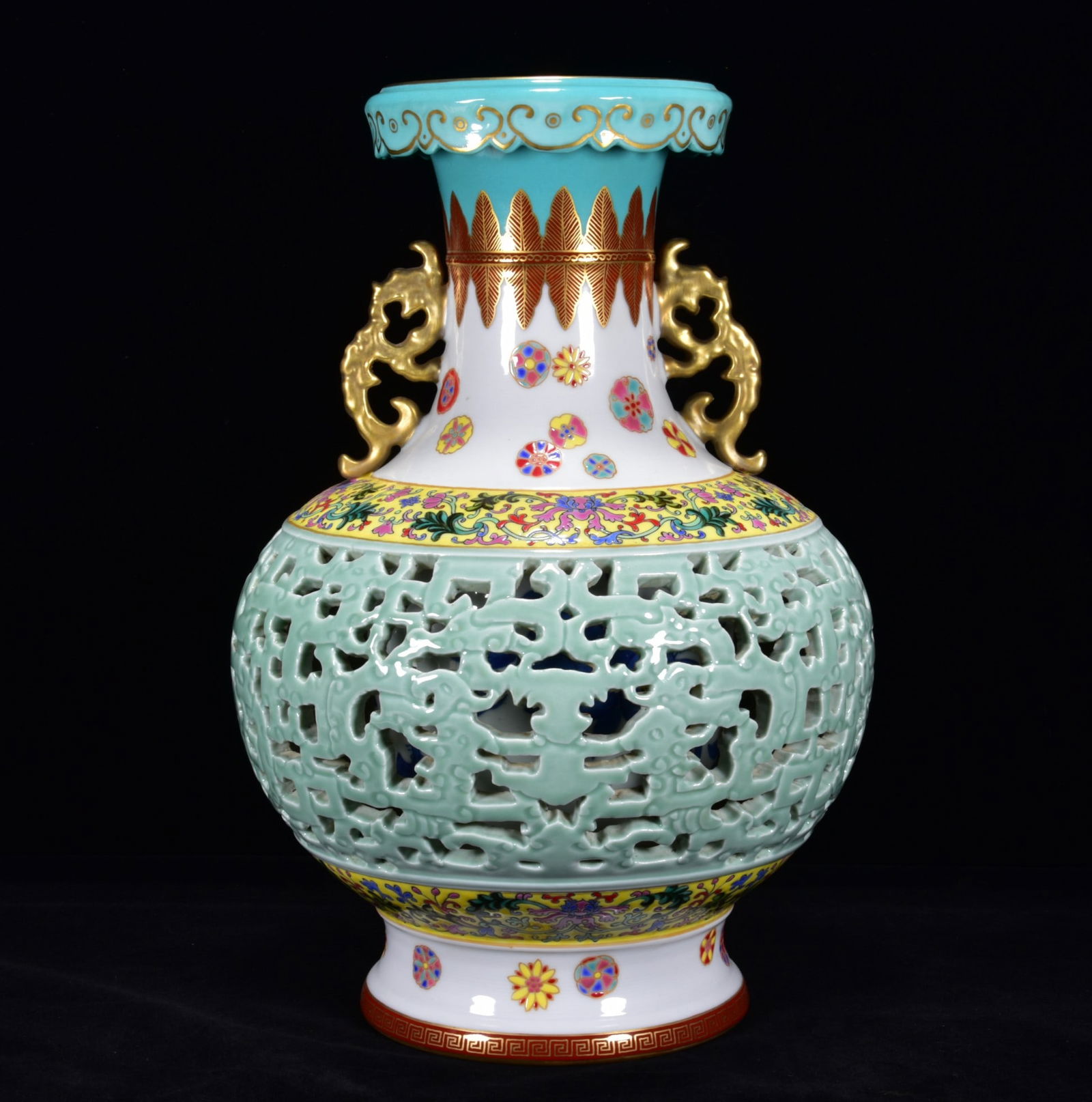 A Rare Enamel Painted Gold Hollow Flower and Chi-Dragon Pattern Dragon-Ears Vase (1 of 9)