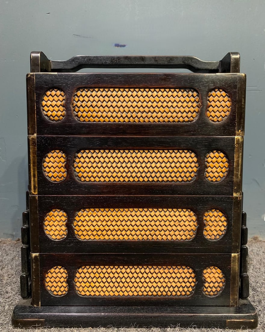 A Rare Zitanwood Inlaid Boxwood Lunch Box: A Rare Zitanwood Inlaid Boxwood Lunch Box,Qing Dynasty, China,Size:11.8inx11.8inx13.8in 紫檀木镶黄杨木提盒,中国清代