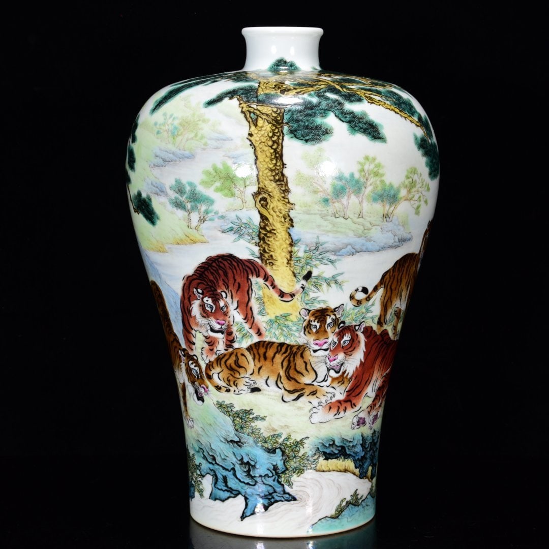 A Rare Famille-Rose Landscape and Tiger Pattern Vase,With Poem: A Rare Famille-Rose Landscape and Tiger Pattern Vase,With Poem,Qing Dynasty, China,Yongzheng Six-character Mark,Size:13inx8.3in 粉彩山水虎纹瓶,带诗