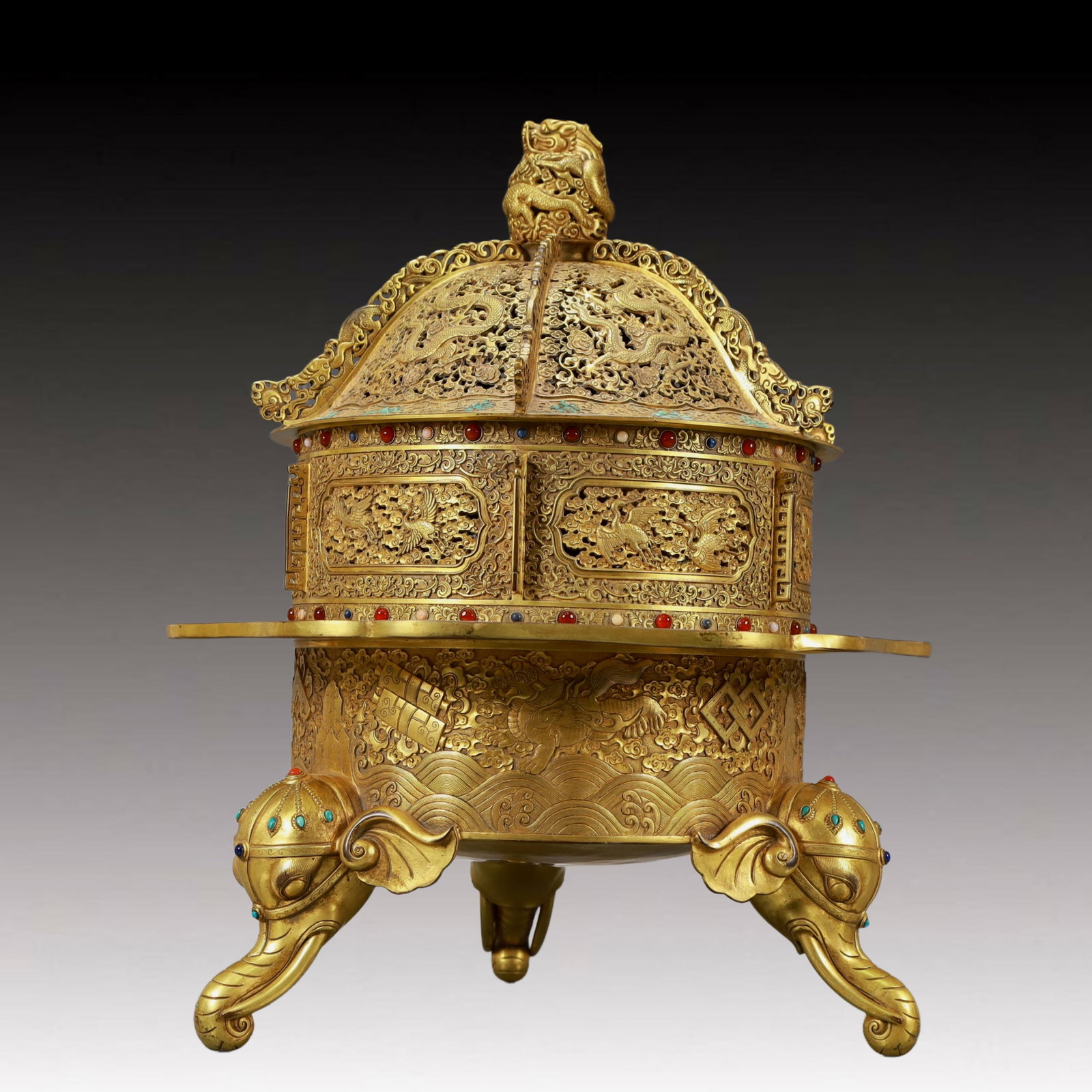 A Rare Gilt Bronze Dragon and Phoenix Pattern Elephant-legs Censer,Inlaid Gems (1 of 12)
