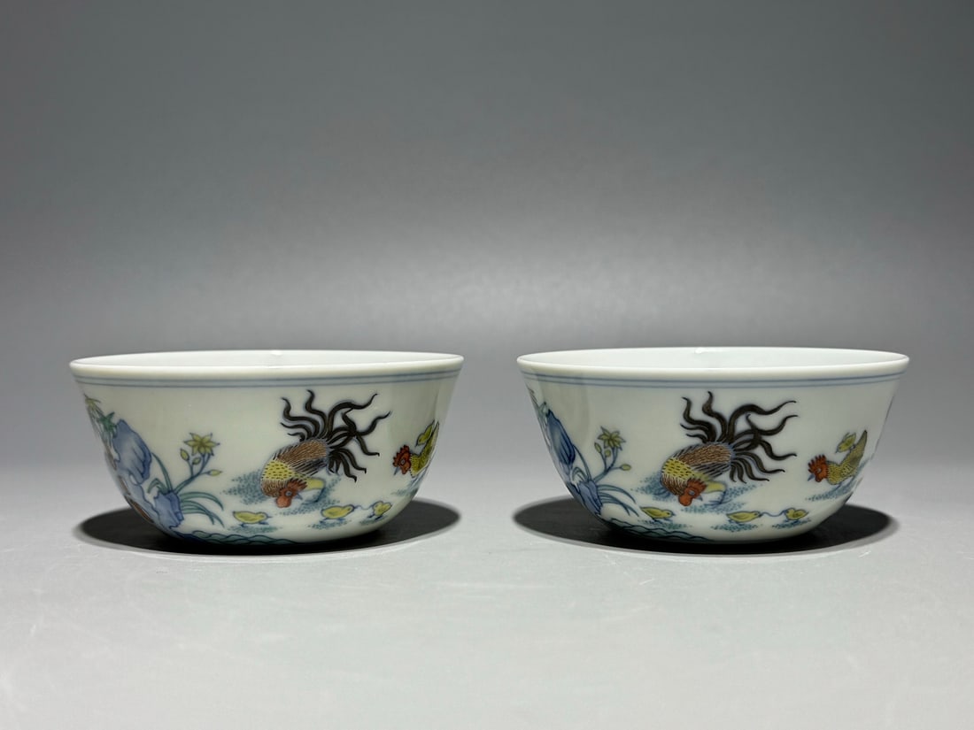 A Pair of Exquisite Doucai Flower and Rooster Pattern Cups (1 of 9)