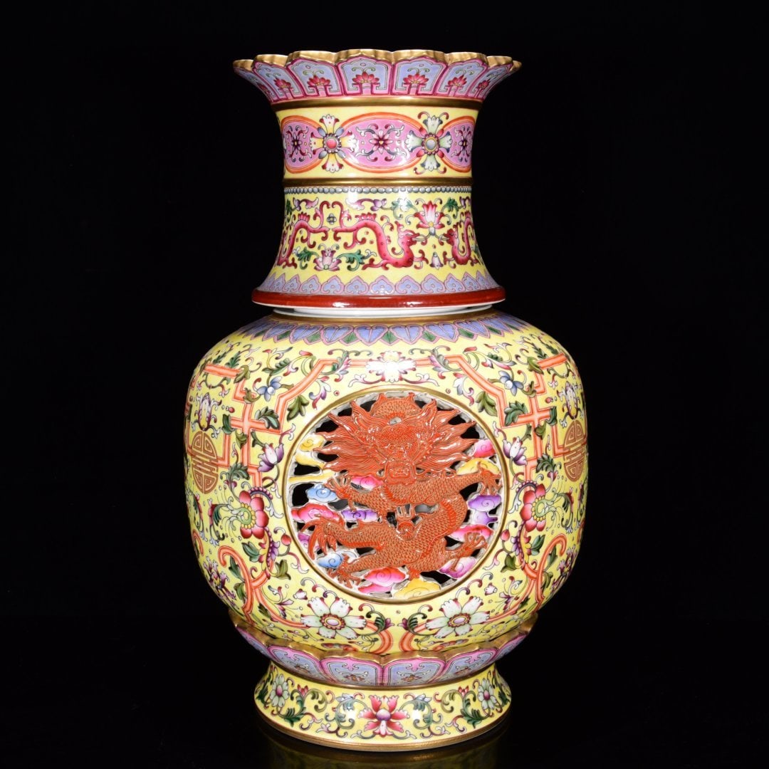 A Huge Enamel Painted Gold Hollow Lotus,Auspicious Cloud and Dragon Pattern Vase: A Huge Enamel Painted Gold Hollow Lotus,Auspicious Cloud and Dragon Pattern Vase,Qing Dynasty, China,Qianlong Four-character Mark,Size:16.9inx9.8in 珐琅彩描金镂