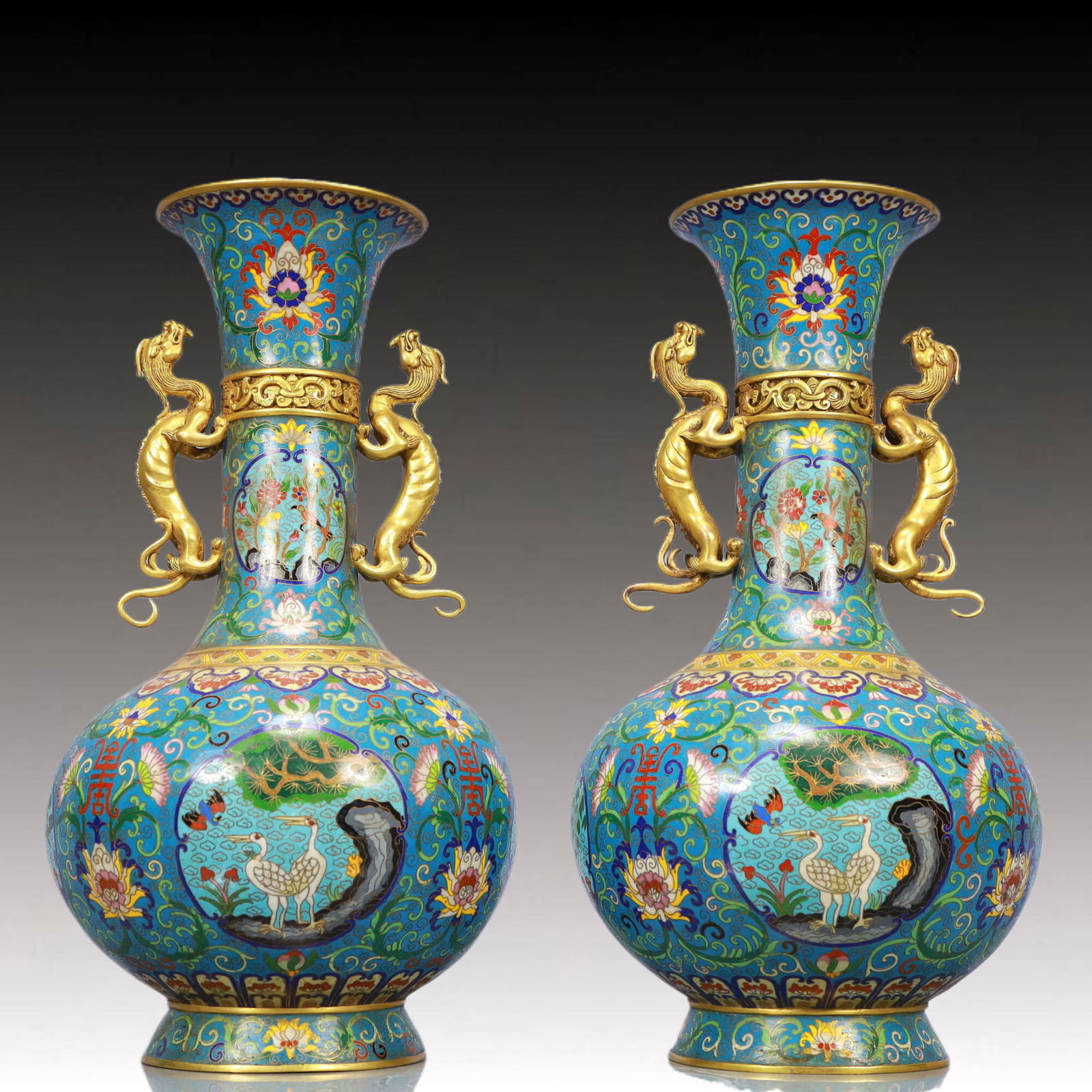 A Pair of Huge Cloisonne Shou-Character Lotus Pattern Dragon-Ears Vase: A Pair of Huge Cloisonne Shou-Character Lotus Pattern Dragon-Ears Vase, Qing Dynasty, China, Qianlong Four-character Mark, Size:7.9inx15.7in, Weight:13300g 景泰蓝寿字 