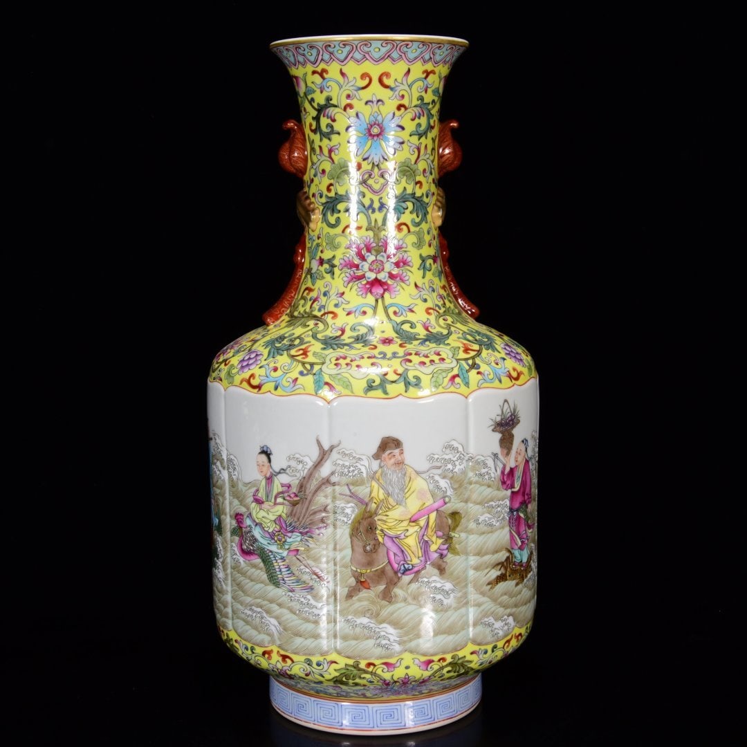 A Rare Famille-Rose Seawater and Figure Pattern Double-Ears Vase: A Rare Famille-Rose Seawater and Figure Pattern Double-Ears Vase,Qing Dynasty, China,Qianlong Six-character Mark,Size:14.6inx7.1in 粉彩海水人物纹双ň