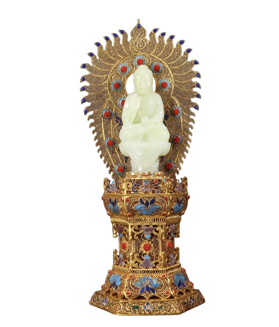 A Rare Filigree and Gilding White Jade Buddha Statue (1 of 9)