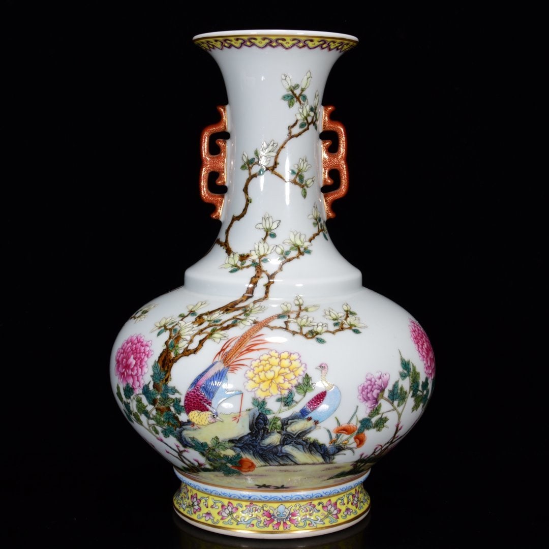 An Exquisite Famille-Rose Flower and Bird Pattern Double-Ears Vase,With Poem (1 of 9)
