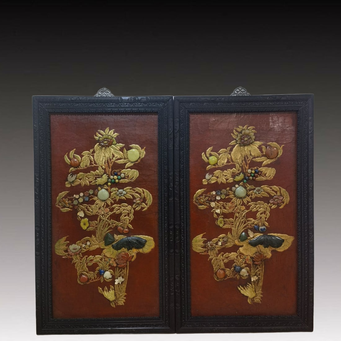 A Pair of Huge Zitanwood Flower and Fruit Pattern Shou-Character Hanging Panels, Inlaid Gems (1 of 6)