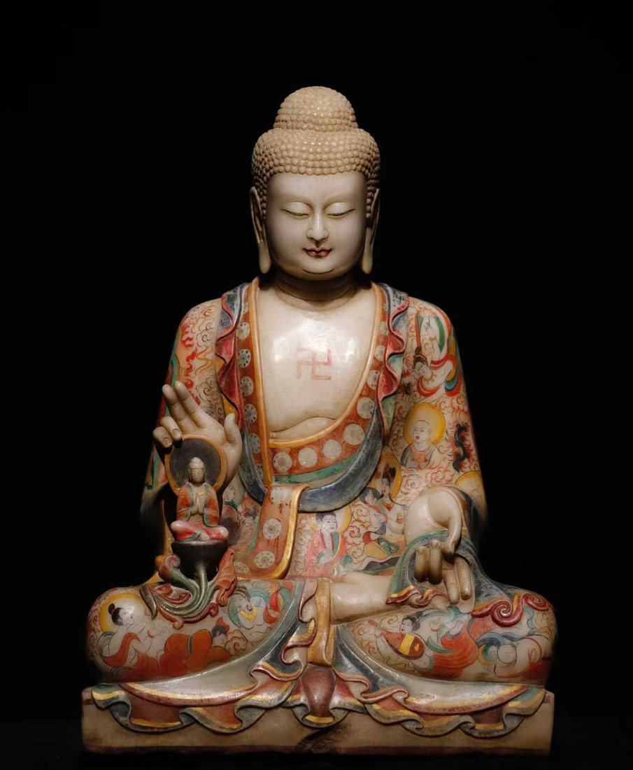 A Solemn Marble Painted Color Statue of Sakyamuni (1 of 9)