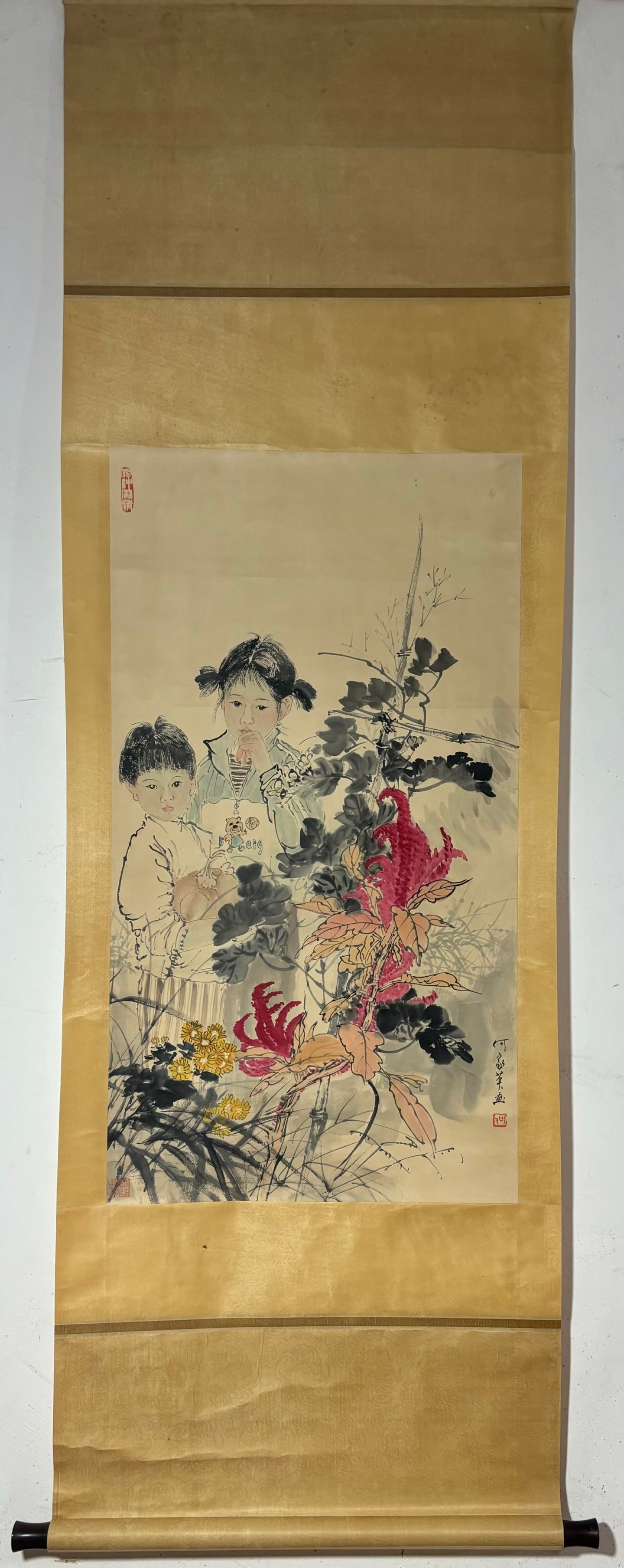 A Chinese Vertical Scroll Ink Painting of Figure on Paper,He Jiaying: A Chinese Vertical Scroll Ink Painting of Figure on Paper,He Jiaying,Size:(Without frame)37.4inx20.5in 