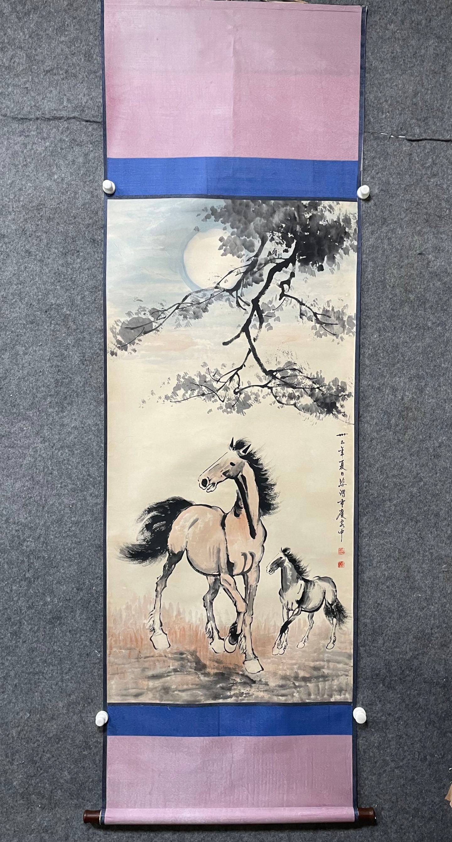 A Chinese Vertical Scroll Ink Painting of Horse on Paper,Xu Beihong (1 of 8)