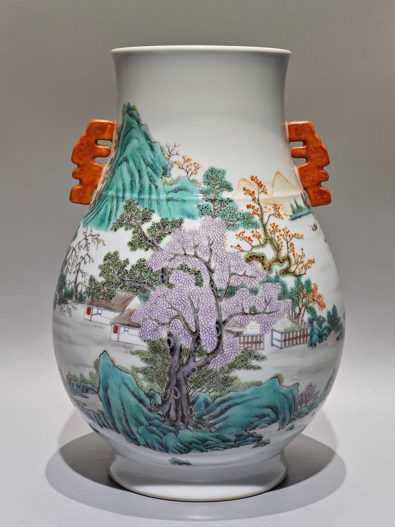 A Rare Famille-Rose Landscape Pattern Double-Ears Vase (1 of 9)