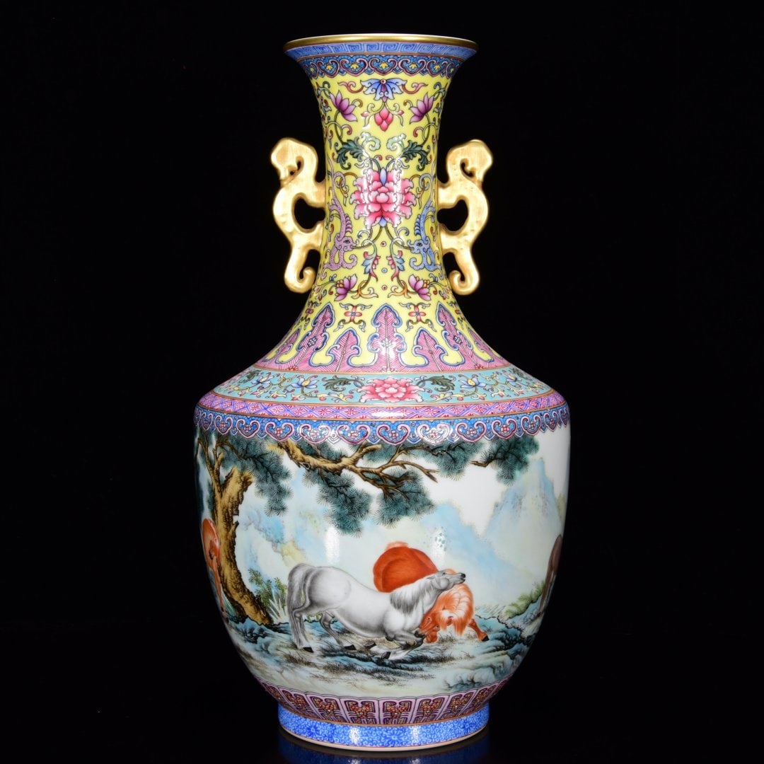 A Rare Enamel Gilt Landscape and Horse Pattern Double-Ears Vase,With Poem: A Rare Enamel Gilt Landscape and Horse Pattern Double-Ears Vase,With Poem,Qing Dynasty, China,Qianlong Six-character Mark,Size:13inx7.1in 珐琅彩鎏金山水ཱ