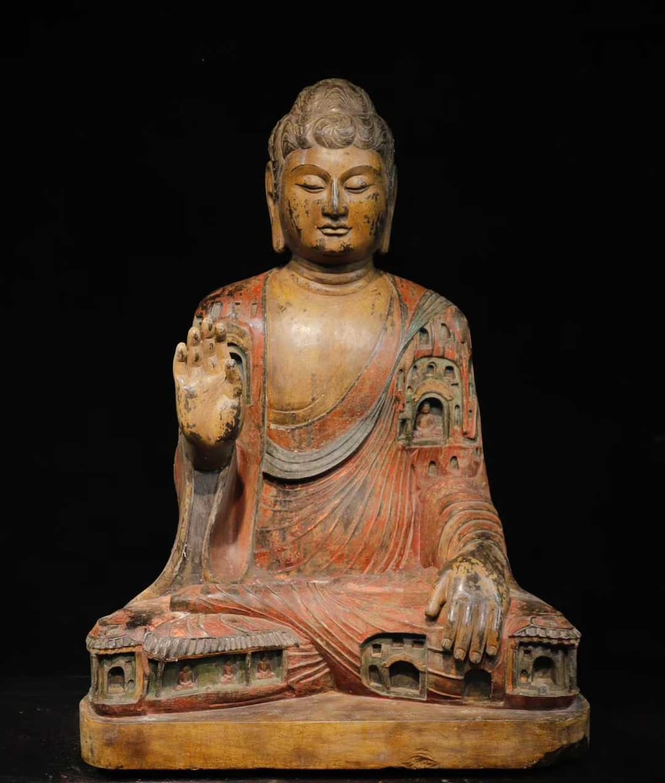 A Solemn Limestone Painted Color Statue of Sakyamuni (1 of 9)
