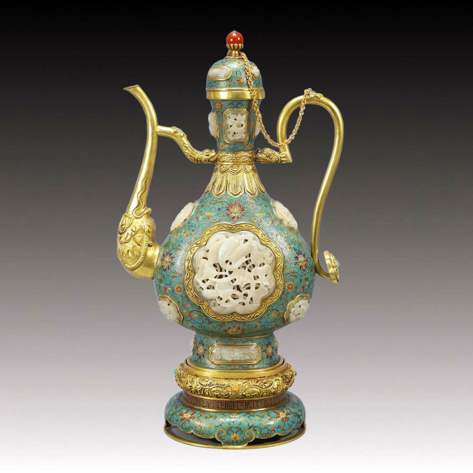 An Exquisite Cloisonne Inlaid White Jade Flower and Bird Pattern Ewer: An Exquisite Cloisonne Inlaid White Jade Flower and Bird Pattern Ewer,Qing Dynasty, China,Qianlong Six-character Mark,Size：10.2inx5.1inx13.4in; Weight：3550g 景泰蓝î