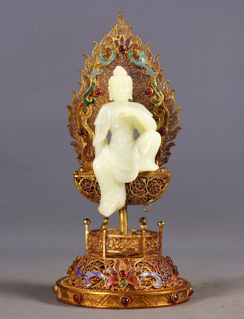 An Exquisite Flower silk gold-plated Inlaid White Jade Buddha Statue,Inlaid Gems (1 of 9)