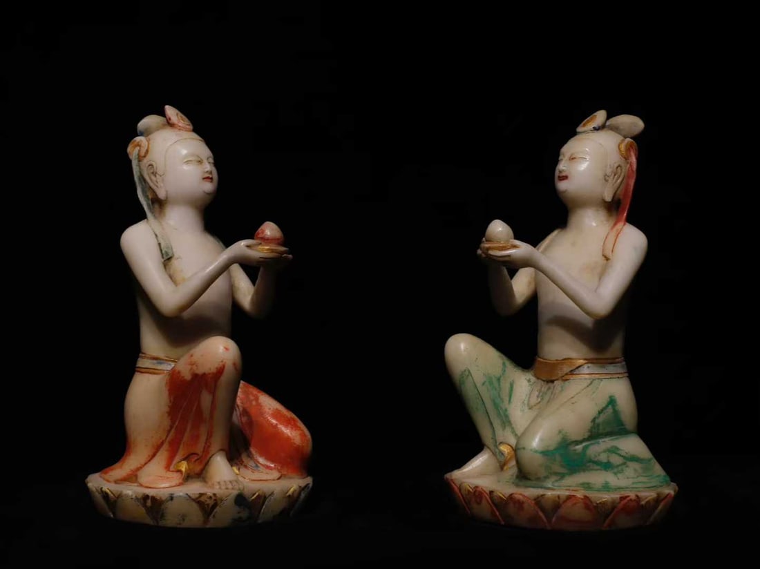 A Pair of Solemn Marble Painted Color Statue of Bodhisattva: A Pair of Solemn Marble Painted Color Statue of Bodhisattva,N.Qi,China,Size:9.8in 