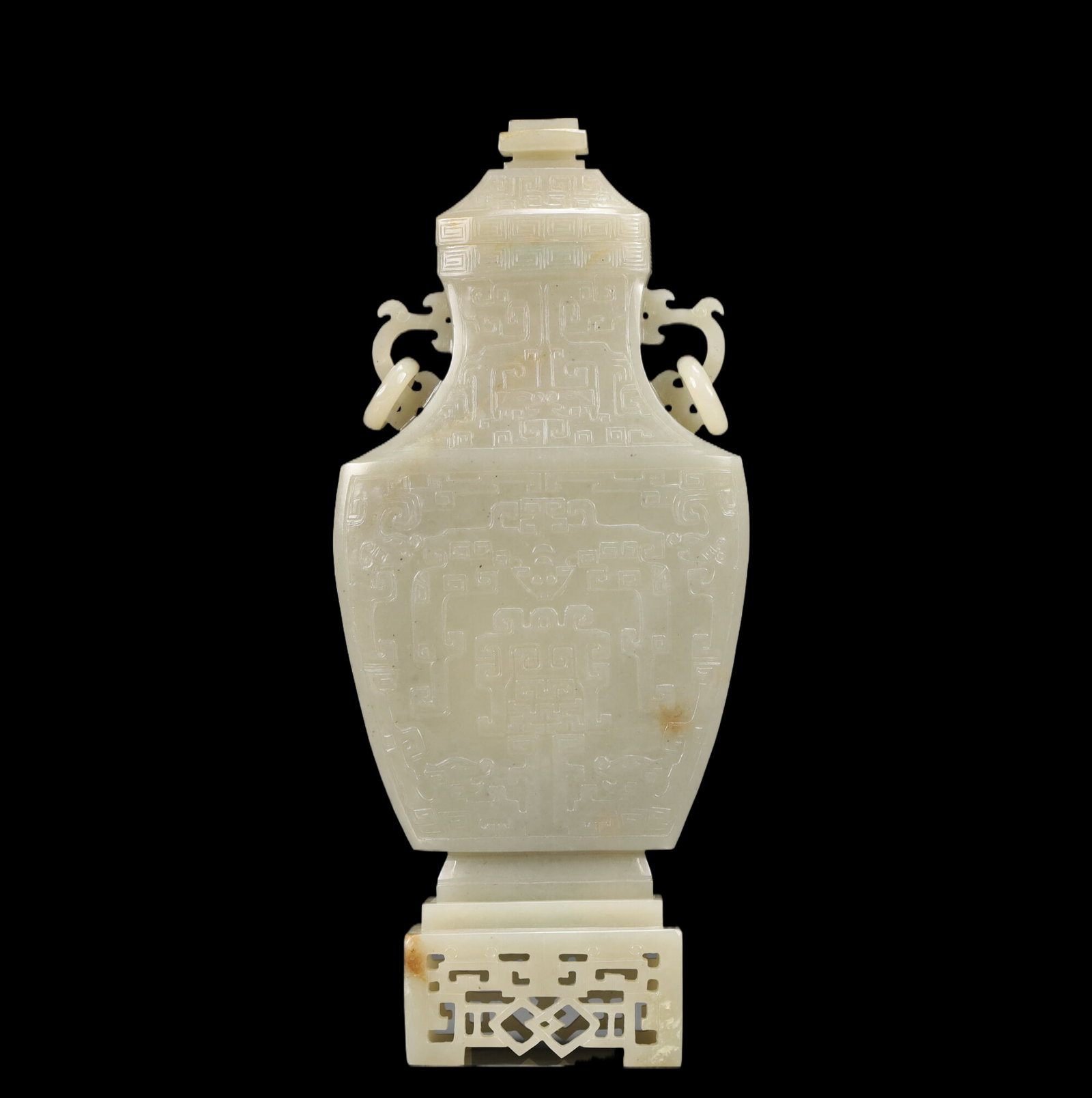 An Exquisite White Jade Altar City Pattern Double-Ears Vase: An Exquisite White Jade Altar City Pattern Double-Ears Vase, Qing Dynasty, China, Size:4.3inx1.6inx9.8in, Weight:1057g