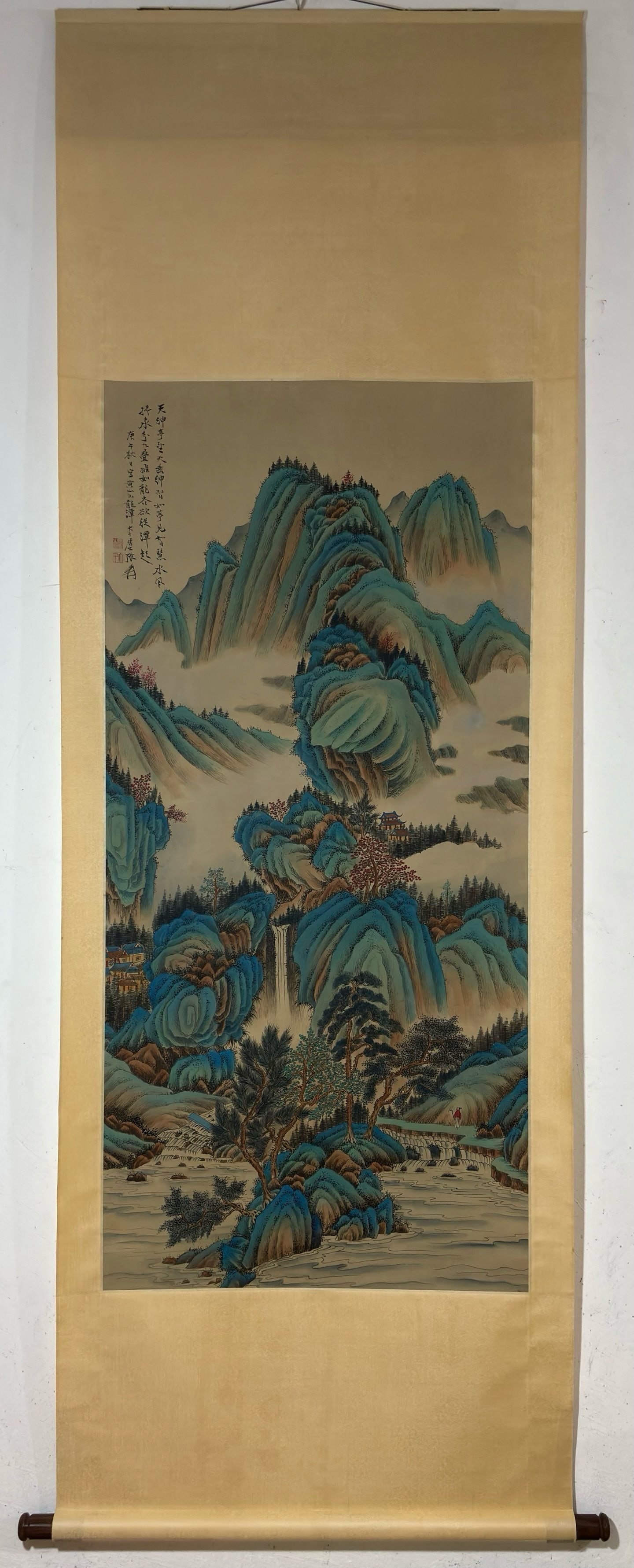 A Chinese Vertical Scroll Ink Painting of Landscape and Figure on Silk,Zhang Daqian: A Chinese Vertical Scroll Ink Painting of Landscape and Figure on Silk,Zhang Daqian,Size:(Without frame)51inx24in 