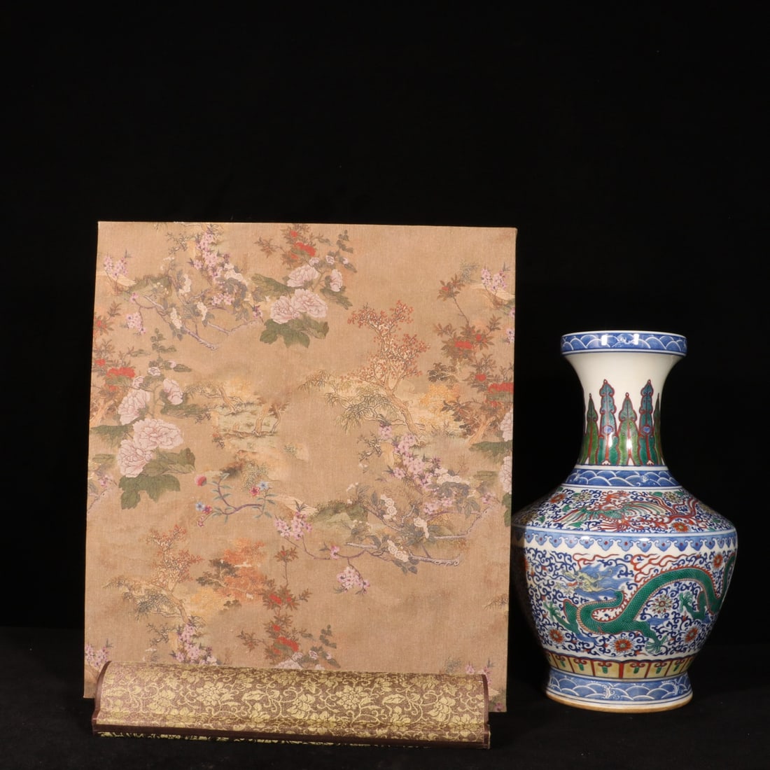 A Rare Doucai Flower,Dragon and Phoenix Pattern Vase,With Vertical Scroll Painting on Silk: A Rare Doucai Flower,Dragon and Phoenix Pattern Vase,With Vertical Scroll Painting on Silk,Qing Dynasty, China,Qianlong Six-character Mark,Size:12.6inx8.3in 斗彩花卉龙
