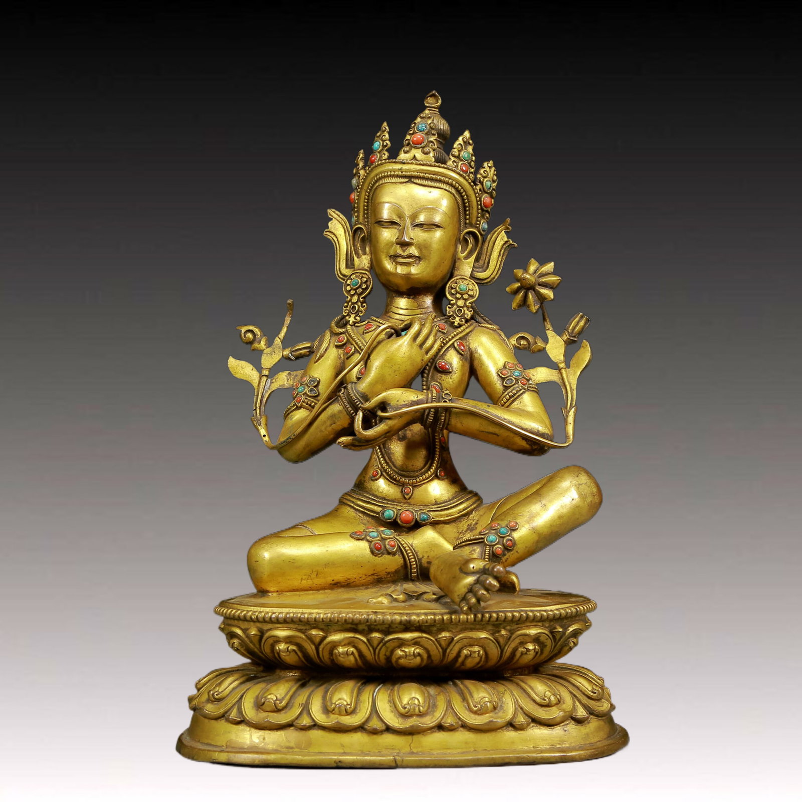 A Solemn Gilt Bronze Inlaid Turquoise Statue of Manjusri: A Solemn Gilt Bronze Inlaid Turquoise Statue of Manjusri,Ming Dynasty, China,Size:7.9inx5.9inx12.6in,Weight:3690g 铜鎏金嵌绿松石文殊菩ഷ
