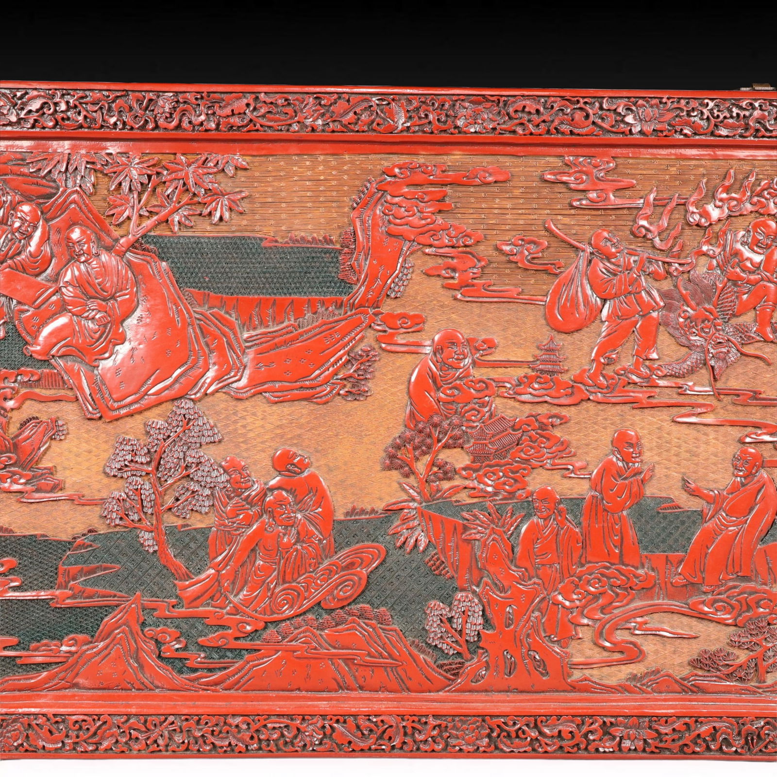 A Rare Carved Red Lacquer Arhat Pattern Hanging Panel - 3