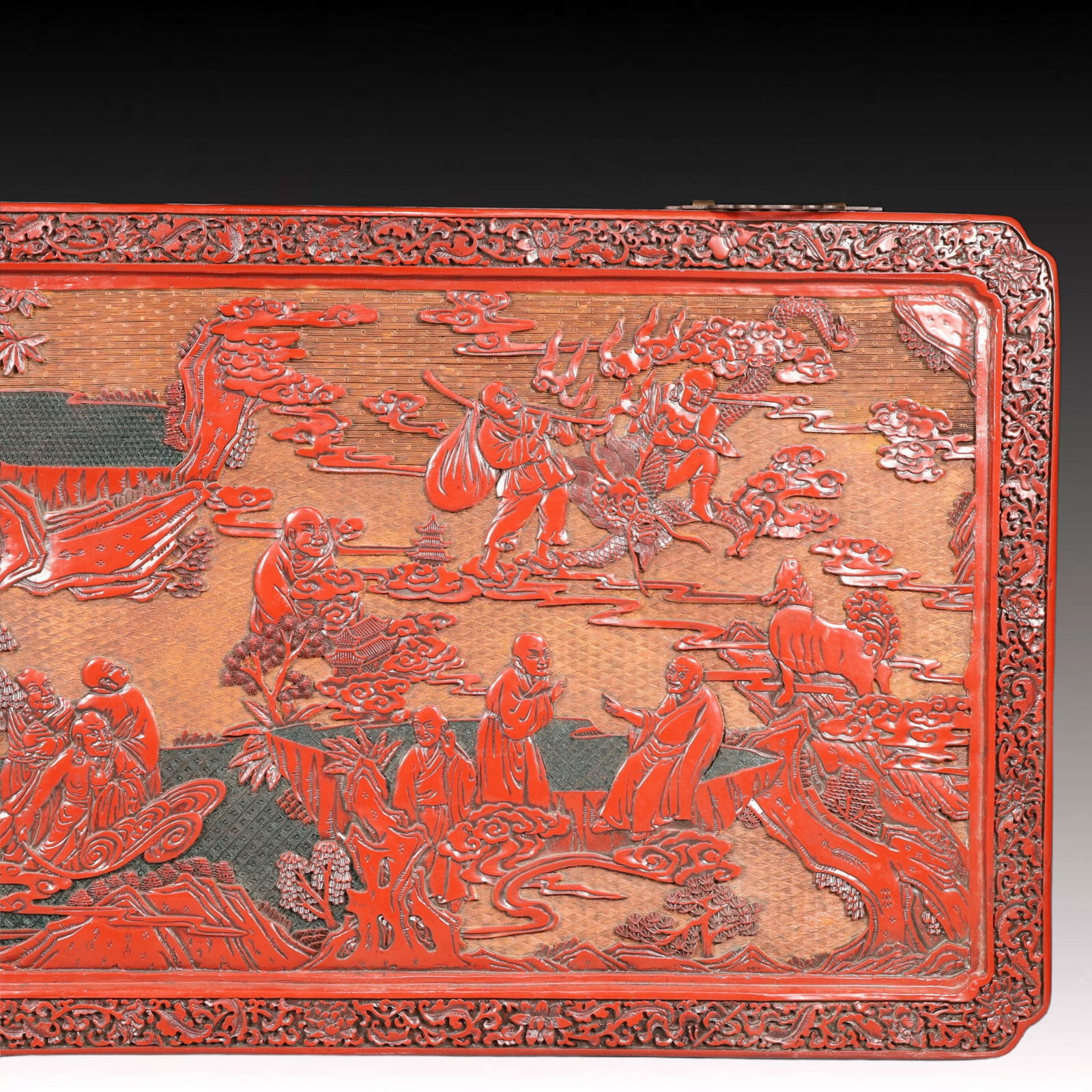 A Rare Carved Red Lacquer Arhat Pattern Hanging Panel - 4
