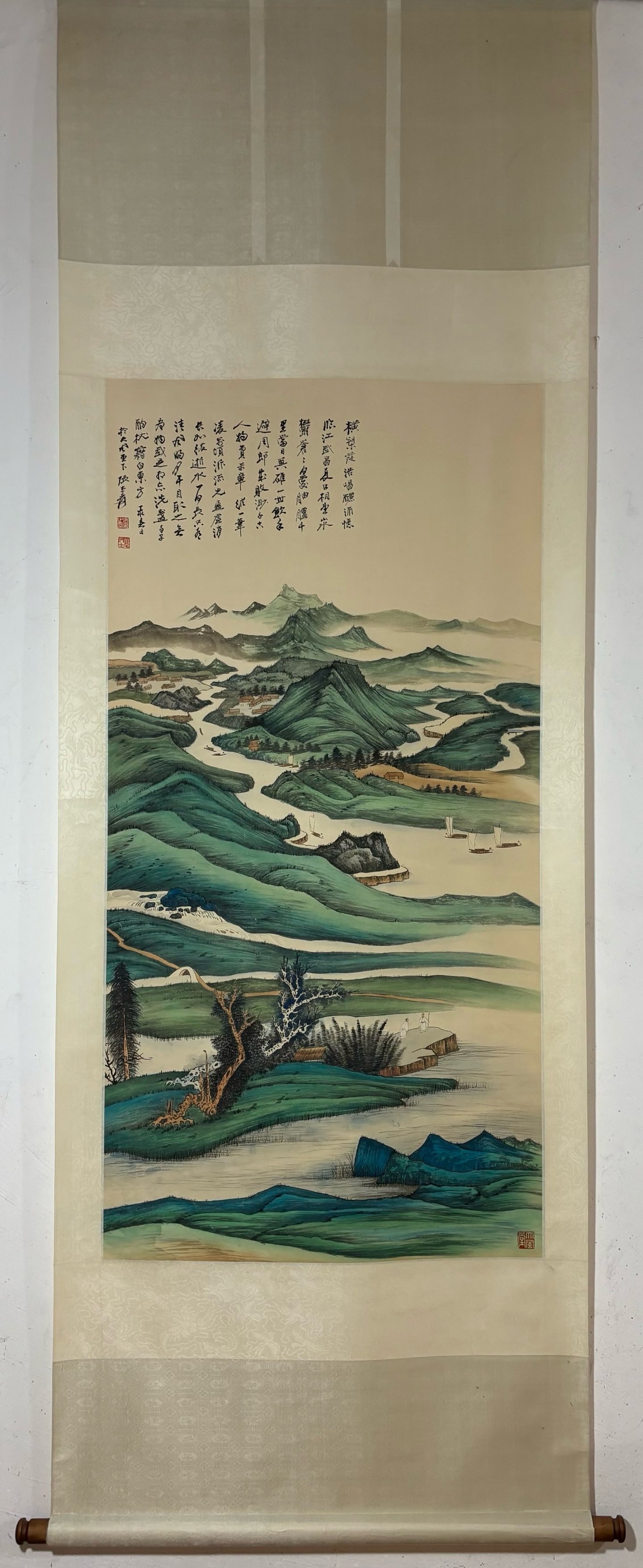 A Chinese Vertical Scroll Ink Painting of Landscape and Figure on Paper,Zhang Daqian: A Chinese Vertical Scroll Ink Painting of Landscape and Figure on Paper,Zhang Daqian,Size:(Without frame)50.8inx25.4in 一幅中国水墨山水人物&