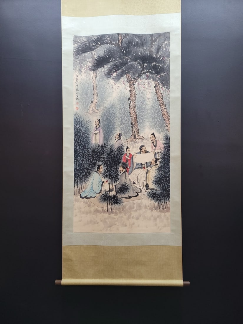 A Chinese Vertical Scroll Ink Painting of Landscape and Figure on Paper,Fu Baoshi: A Chinese Vertical Scroll Ink Painting of Landscape and Figure on Paper,Fu Baoshi,Size:(Without frame)26.8inx54.5in 一幅中国水墨山水人物