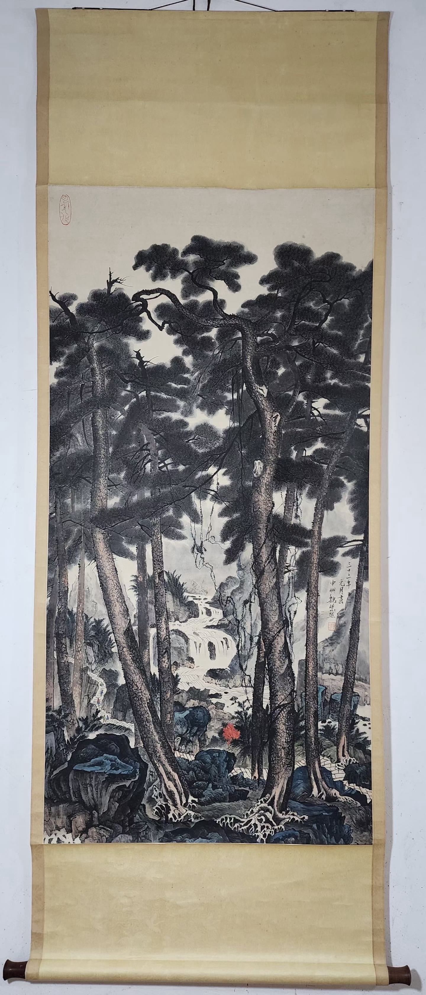 A Chinese Vertical Scroll Ink Painting of Landscape on Paper,Wei Zixi: A Chinese Vertical Scroll Ink Painting of Landscape on Paper,Wei Zixi,Size:(Without frame)53.5inx26.8in 一幅中国水墨山水画立轴,魏
