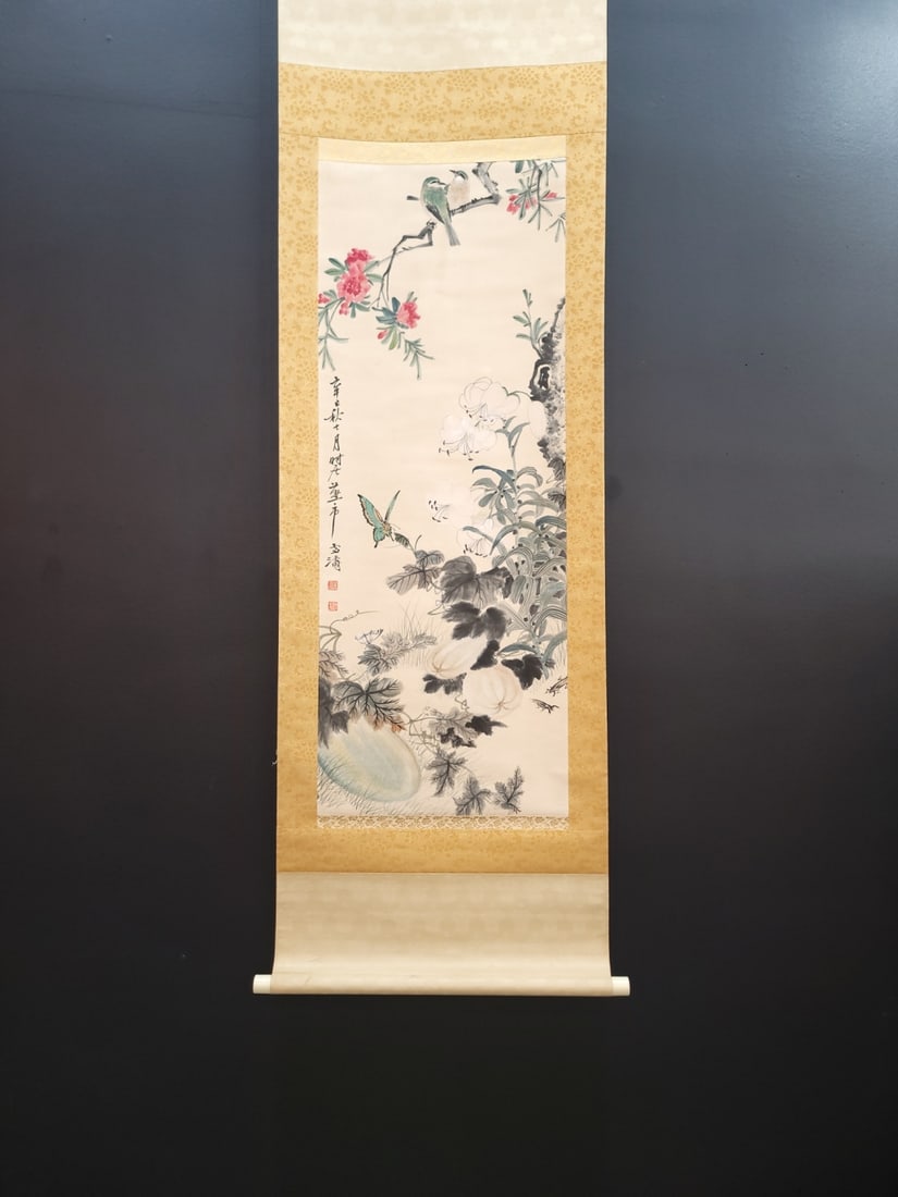A Chinese Vertical Scroll Ink Painting of Flower and Bird on Paper,Wang Xuetao: A Chinese Vertical Scroll Ink Painting of Flower and Bird on Paper,Wang Xuetao,Size:(Without frame)15.7inx41.3in 一幅中国水墨花鸟画立轴